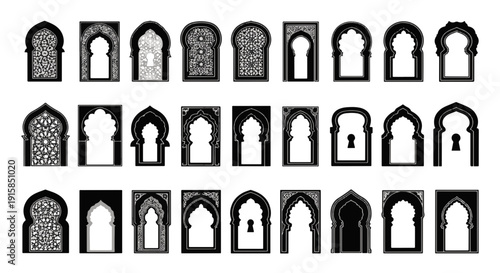 Collection of Diverse Traditional Islamic Architectural Arches and Ornate Moorish Decorative Frames with Intricate Patterns