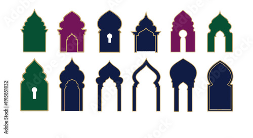 Collection of Ornate Islamic Arch Designs and Decorative Dome Silhouettes in Vibrant Colors Featuring Elegant Keyhole Motifs
