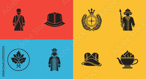 Historical and Cultural Icons Featuring Military Uniforms Colonial Headwear Traditional Garments and Symbolic Crests