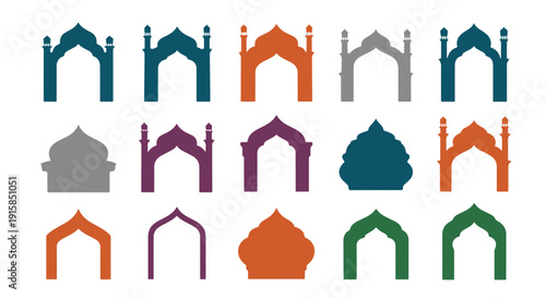 Colorful Collection of Traditional Islamic Mosque Arches and Domes with Minarets in Various Decorative Silhouettes for Design Projects