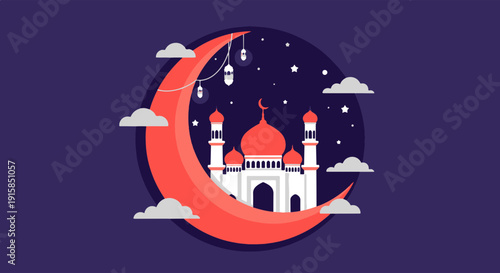 Mosque Silhouette with Crescent Moon Hanging Lanterns and Subtle Stars Against a Deep Blue Evening Sky Capturing a Serene Night Scene