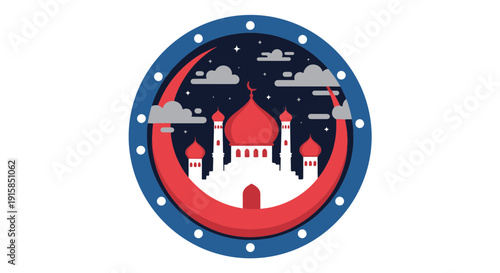 Flat Design Mosque with Red Domes Minarets Crescent Moon Stars and Clouds in Night Sky Bordered by Blue Frame