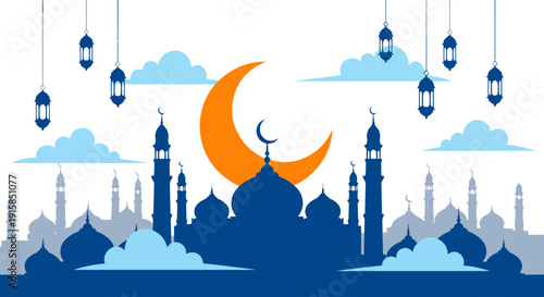 Serene Mosque Silhouettes Under a Crescent Moon with Glowing Lanterns and Peaceful Clouds for Religious Celebration Design