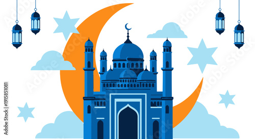 Islamic Mosque with Crescent Moon and Shining Stars Celebrating Ramadan or Eid Al fitr Serene Night Scene