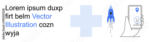 Digital healthcare, innovation, technology, mobile services, virtual interaction, app development. Minimal design a rocket, cross symbol and mobile device with map and face. Digital healthcare