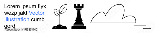 Nature, strategy, simplicity, growth, weather, minimalism. Three black icons of a sprouting plant, a chess rook and a cloud. Nature and strategy concepts in minimalist design