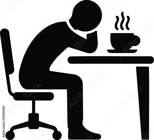 Tired employee taking coffee break at desk silhouette, minimal workplace burnout concept, perfect for office wellness, HR, remote work graphics