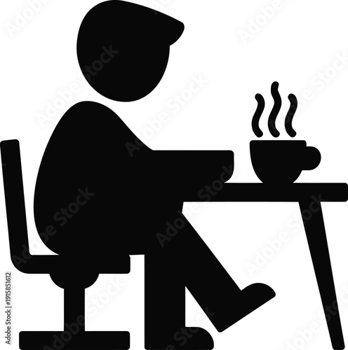 Tired employee taking coffee break at desk silhouette, minimal workplace burnout concept, perfect for office wellness, HR, remote work graphics