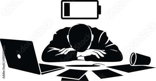 Burnout office desk scene with tired employee and empty battery silhouette, minimal stress concept, perfect for corporate wellness, presentations