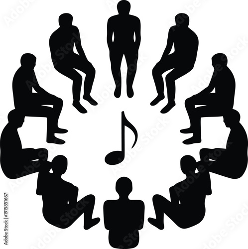 Multiple human figures seated in circle silhouette representing group music therapy and shared emotional support, perfect for wellness, therapy and mental health visuals