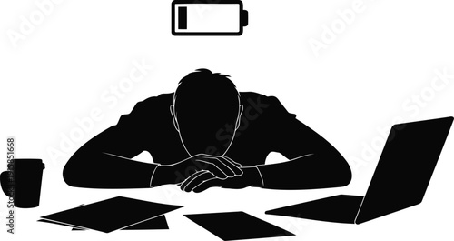 Burnout office desk scene with tired employee and empty battery silhouette, minimal stress concept, perfect for corporate wellness, presentations
