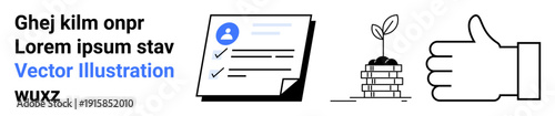 Business growth, identity verification, approval signs, eco-conscious ventures, goal achievement, process optimization. Checklist document, sprouting plant over coins thumbs-up gesture. Identity