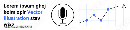 Data analysis, business growth, communication, podcasting, technology, statistics. A microphone icon beside a rising line chart. Data analysis and business growth concept