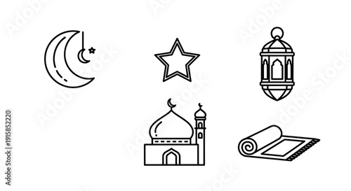 Islamic symbols and icons arranged, including mosque, prayer mat, lantern, star, and crescent moon