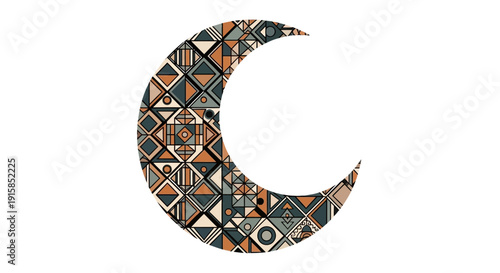 Crescent moon shape with intricate geometric patterns and vibrant colors, viewed from a straightforward angle.