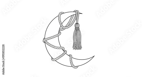 Crescent moon adorned with intricately woven ropes and hanging tassel, depicted in minimalist illustration style.