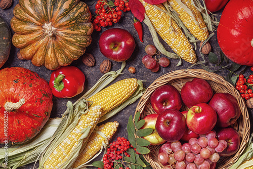 Autumn agricultural still life with fruits and vegetables. Harvest festival holiday concept. Flat lay, top view