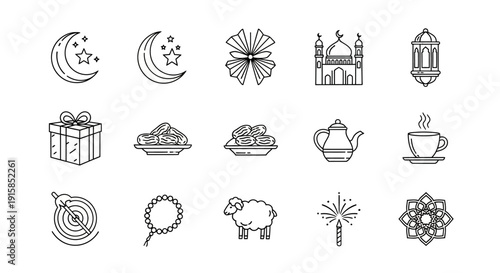 A collection of line art icons representing cultural and festive elements, including celestial bodies, gifts, and traditional items, set against a simple background from a straightforward viewpoint