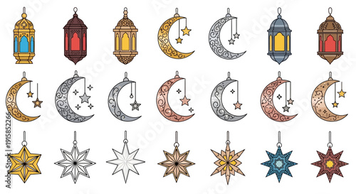 Set of colorful Islamic lanterns, moons, and stars hanging in a festive arrangement