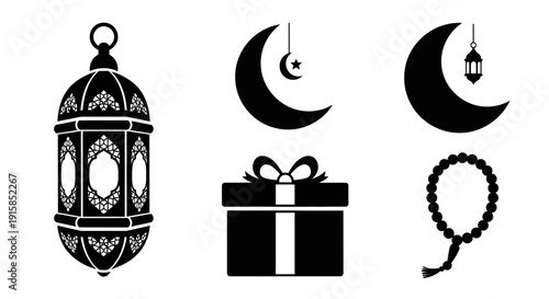 Celebratory Islamic-themed elements including lantern, crescent moons, gift, and rosary beads in black illustration