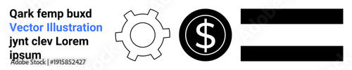 Outline gear, dollar sign within a circle, and two parallel bars symbolize operation, economy, innovation, productivity, workflow, and scalable processes. Ideal for technology finance or a simple