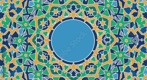 Intricate geometric pattern featuring floral designs surrounding a central blue circle, symmetrical composition, vibrant colors, digital illustration, ornate style