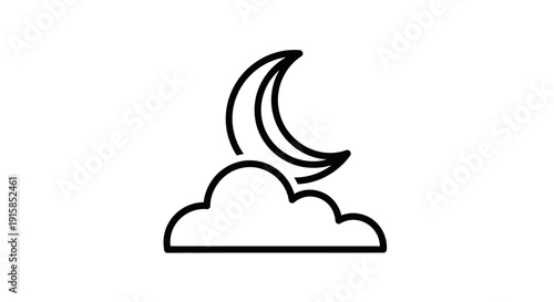 Crescent moon peeking through clouds in a serene nighttime illustration from a straightforward view