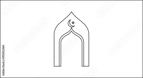 Simple line art illustration of an archway with crescent moon, symbolizing culture and architecture, in a minimalist style and clean lines