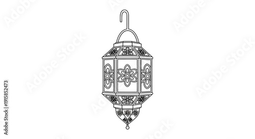 Ornate metal lantern with intricate designs hangs from a hook in a minimalist vector illustration