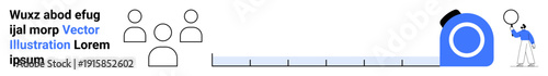 Person observing data with magnifying glass near growing measuring tape, alongside team icons. Ideal for teamwork, analysis, growth, precision, collaboration, metrics, simple landing page