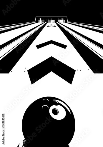 A bowling ball with a face is viewed from behind as it approaches the pins on a bowling lane.