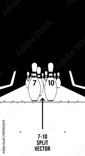 Bowling pins in 7-10 split vector illustration from a lane viewpoint on a bowling alley
