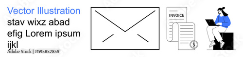 Digital communication, invoice management, payment systems, modern correspondence, freelance work, transaction tracking. Envelope icon with invoice and a working woman. Digital communication