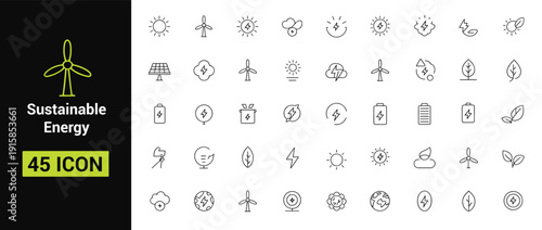 Sustainable energy icon set with Green energy, wind, solar battery, leaf, earth, cloud, lightning bolt