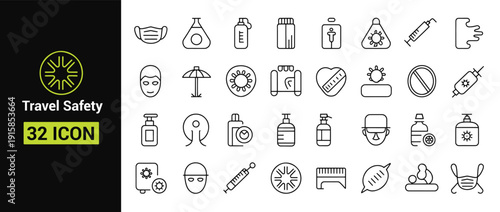Travel safety icon set, including mask, syringe, sanitizer, and sun protection