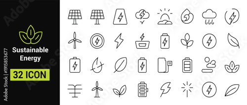 Sustainable energy icon set with solar panels, wind turbines batterie, battery, lightning