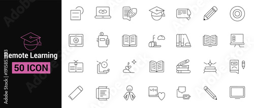Remote learning icon set. graduation cap, laptop, books, and pencils education online school