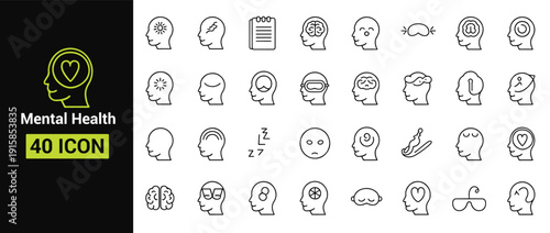 Mental health icon set with a brain head and emotion symbols profile design