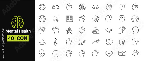 mental health icon set. Black and white line representing concepts, brain head profile, and thinking