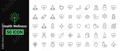 Health wellness icon set with yoga meditation and heartbeats
