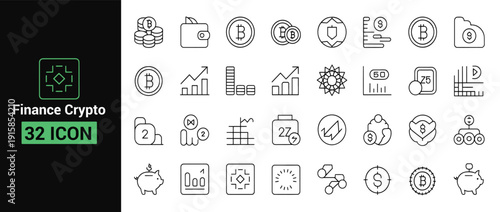Finance crypto icon set bitcoin wallet graph piggy bank cryptocurrency money