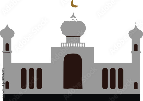 Flat mosque illustration with crescent moon and minarets isolated on white background, Islamic architecture design for Ramadan, Eid and religious themes