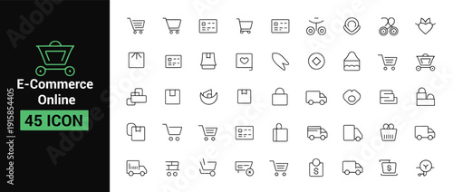 E-Commerce online icon set. shopping carts, credit cards, delivery trucks, and boxes, e-commerce trolley design