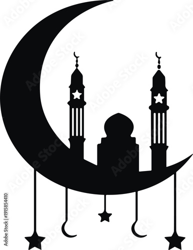 Islamic crescent moon with mosque silhouette and hanging stars isolated on white background, Ramadan Kareem design for religious celebration themes