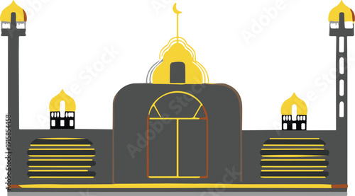 Islamic mosque flat vector illustration with golden domes and minarets isolated on white background, modern Ramadan architecture design for religious branding