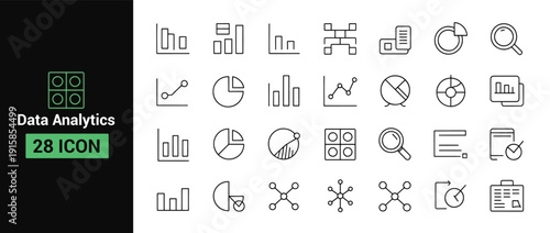 Data analytics icon set with charts, graphs, and network diagrams, bar chart, line graph