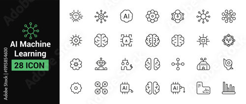 AI machine learning icon set with brain robot chip network graph artificial intelligence design