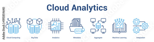 Cloud Analytics web banner icon set vector illustration concept for business with icon of Cloud Computing, Big Data, Analytics, Metadata, Aggregate, Mach.
