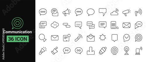 Communication icon set with speech bubbles, megaphone, email cloud, and signal design