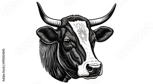 Black and White Cow Head Illustration.